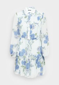 Ljusblå blommig långärmad klänning med krage, knappstängning fram, knytmidja och volangdetalj nertill.