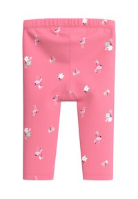 Rosa Leggings mit einem bequemen Bund, die ein sich wiederholendes Muster aus rosa Flamingos und floralen Akzenten aufweisen.