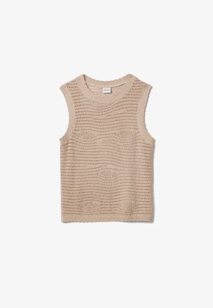 Beige mouwloos gebreid vest met ronde hals en opengewerkt patroon, plat liggend op een witte achtergrond.