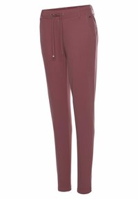 Bordeaux joggers gemaakt van een glad materiaal, met een elastische tailleband met trekkoord, twee zijzakken en een slank ontwerp.