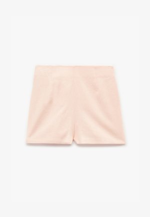 Lichtroze, hoge linnen shorts met een strakke, op maat gemaakte pasvorm, vlakke voorkant en zonder zichtbare zakken of embellissement.