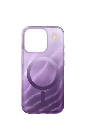 Lilla halvtransparent telefoncover med stort cirkel- og linjedesign, kameraklip og lille gyldent tekst "Ideal Sweden".