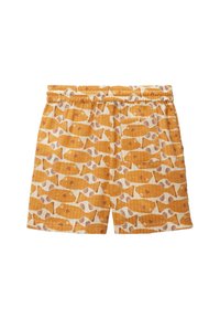 Shorts jaunes avec un motif de poissons. Confectionnés en tissu léger, ils comportent une taille élastique et une coupe décontractée pour plus de confort.