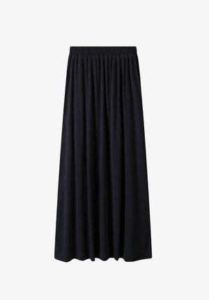 Zwarte, knielange rok gemaakt van lichtgewicht stof. Kenmerkt zich door een opgestroopte elastische tailleband, zachte plooien en een gladde textuur.