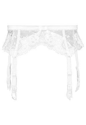 Weißer Spitzenstrumpfhalter mit floralen Stickereien, durchscheinendem Stoff, gewellten Kanten und vier verstellbaren Riemen. Abgerundet mit einer zentralen Satinschleife.