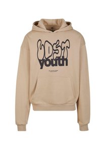 Beige színű kapucnis pulóver, puha anyagból készült, elöl kenguruzsebbel, húzózsinórral ellátott kapucnival, valamint egy feltűnő fekete "LOST youth" grafikával.