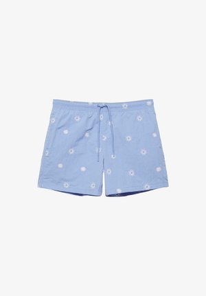 Short de bain bleu clair avec des motifs blancs en forme de soleil, taille élastique et cordon à l'avant, posé à plat sur un fond blanc.