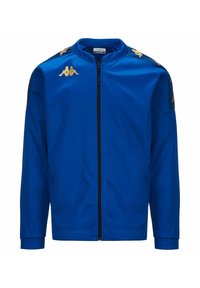 Chaqueta azul de cremallera completa con logotipos dorados de Kappa en los hombros y el pecho, mangas largas y cuello alzado.