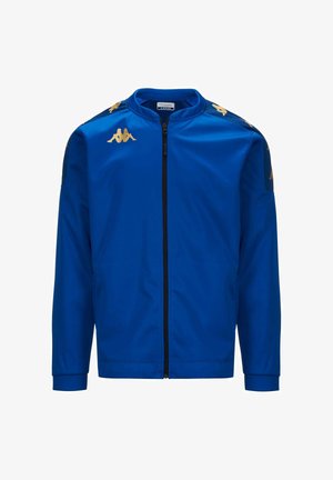 Chaqueta azul de cremallera completa con logotipos dorados de Kappa en los hombros y el pecho, mangas largas y cuello alzado.