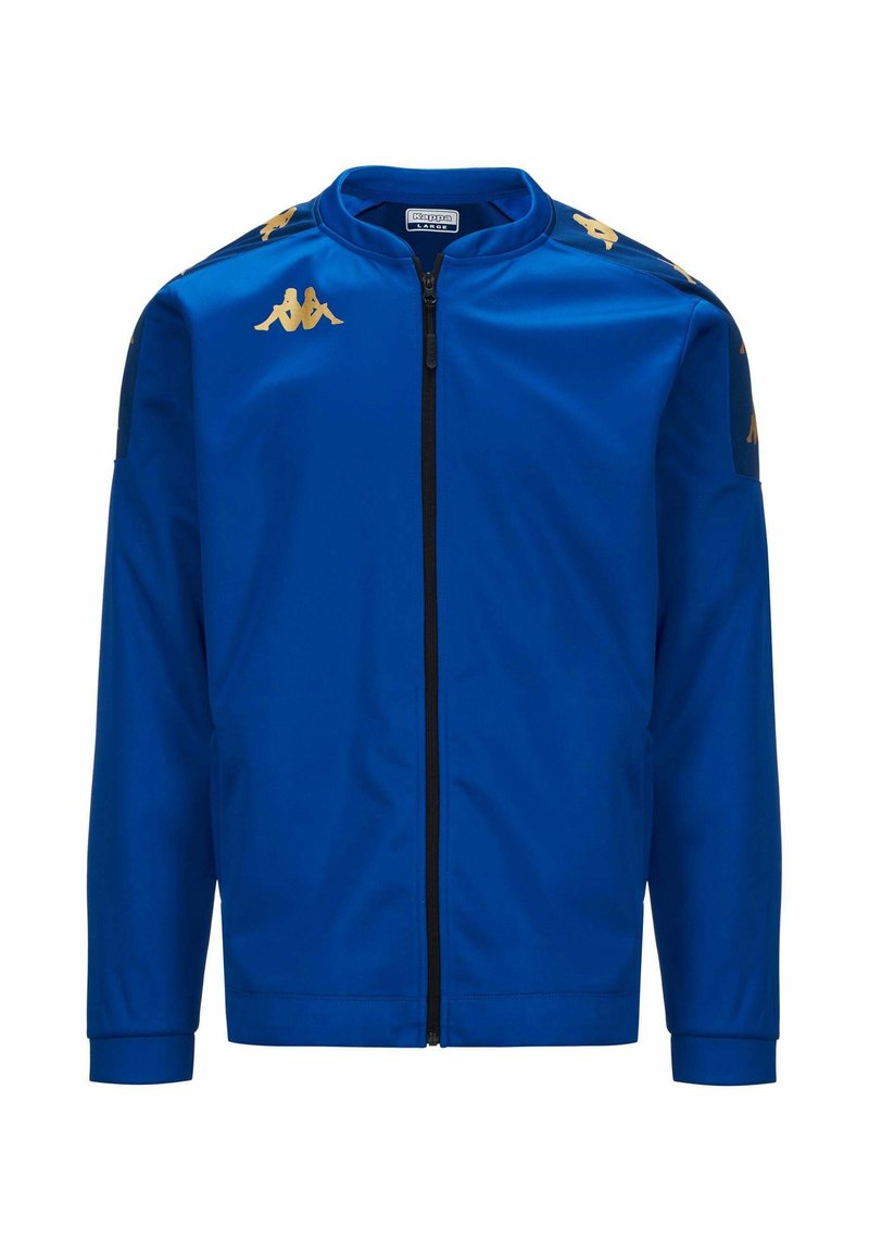 Chaqueta azul de cremallera completa con logotipos dorados de Kappa en los hombros y el pecho, mangas largas y cuello alzado.