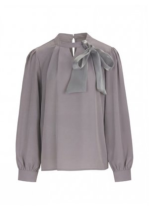 Long-sleeve mauve blouse with high collar, front keyhole, gathered shoulders and cuffs, and a large satin bow with a pearl detail on the neck.