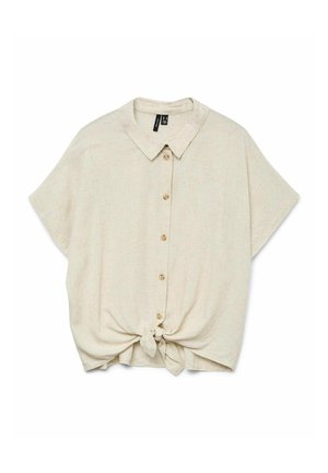 Bluză bej cu mânecă scurtă, cu deschidere frontală cu nasturi și un detaliu legat la tiv. Textură ușoară cu un model subtil pe tot parcursul.