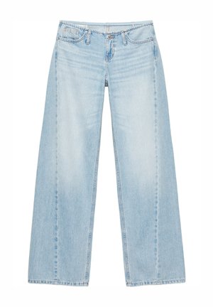 Lyseblå vidde jeans med forlommer, bæltestropper og knaplukning.