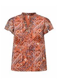 Top a maniche corte con scollatura a V, caratterizzato da un motivo astratto multicolore in tonalità di arancione, blu e crema. Tessuto morbido al tatto.