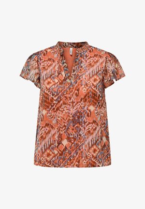 Top a maniche corte con scollatura a V, caratterizzato da un motivo astratto multicolore in tonalità di arancione, blu e crema. Tessuto morbido al tatto.