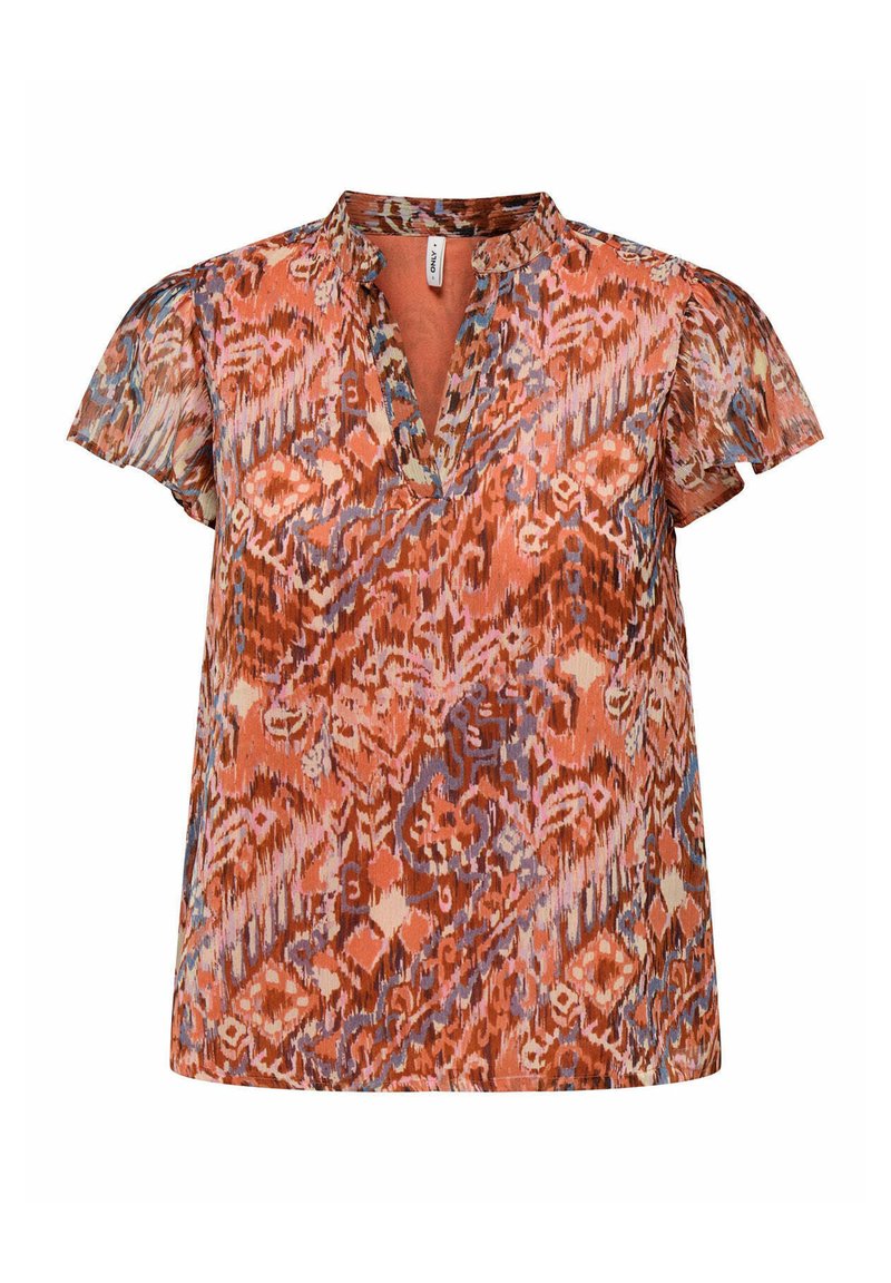 Top a maniche corte con scollatura a V, caratterizzato da un motivo astratto multicolore in tonalità di arancione, blu e crema. Tessuto morbido al tatto.