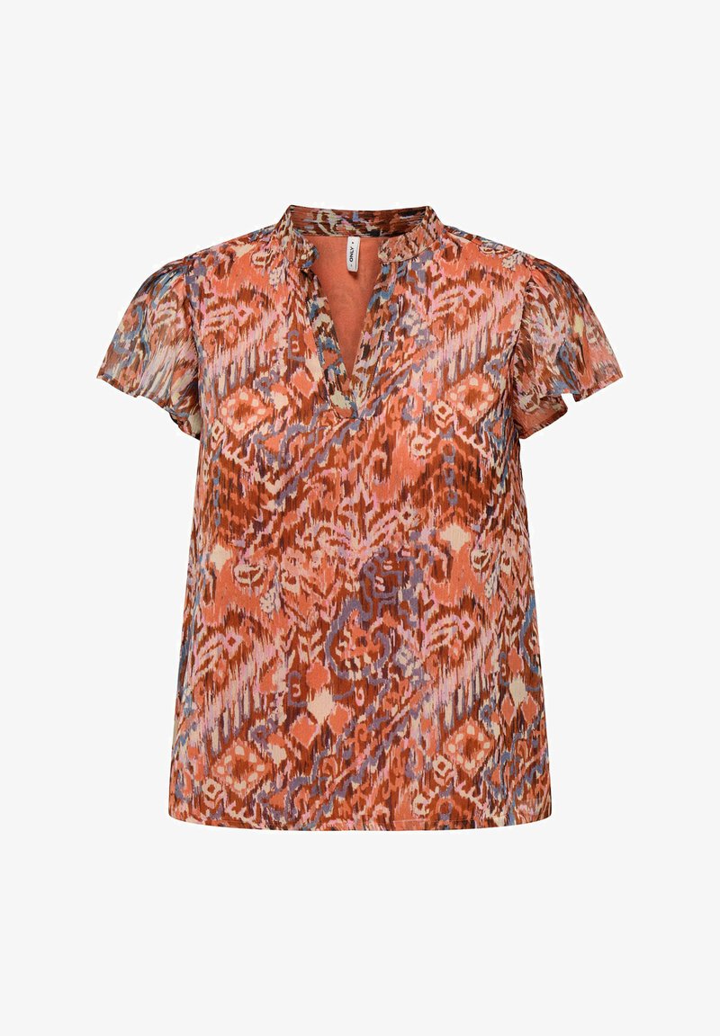 Top a maniche corte con scollatura a V, caratterizzato da un motivo astratto multicolore in tonalità di arancione, blu e crema. Tessuto morbido al tatto.