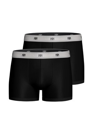 Zwei schwarze Boxer-Briefs mit grauen elastischen Bundbändern, die ein wiederholtes schwarzes "M1"-Logo auf weißem Hintergrund zeigen.