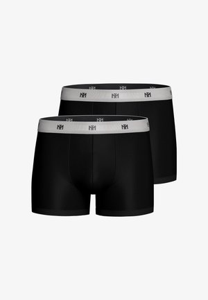 Zwei schwarze Boxer-Briefs mit grauen elastischen Bundbändern, die ein wiederholtes schwarzes "M1"-Logo auf weißem Hintergrund zeigen.