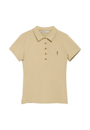 Beige polo shirt med korte ærmer, krave og fem knaplukninger. Har et lille broderet logo på venstre side. Glat stoftekstur.