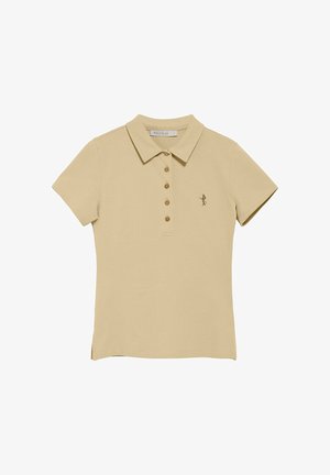 Beige Poloshirt mit kurzen Ärmeln, einem Kragen und einer Knopfleiste mit fünf Knöpfen. Verfügt über ein kleines gesticktes Logo auf der linken Seite. Glatte Stoffstruktur.