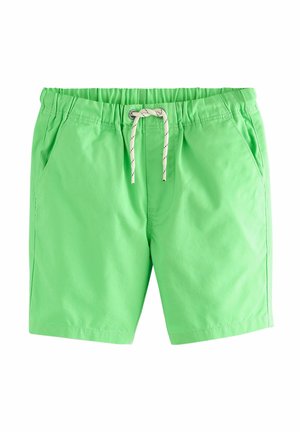 Helle grüne Badeshorts mit einem elastischen Bund, dekorativem Kordelzug und zwei Seitentaschen; glattes Material und knielange Passform.
