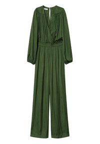 Combinaison olive verte à manches longues, corsage plissé, décolleté en V et taille élastique. Jambes évasées et texture de tissu lisse.