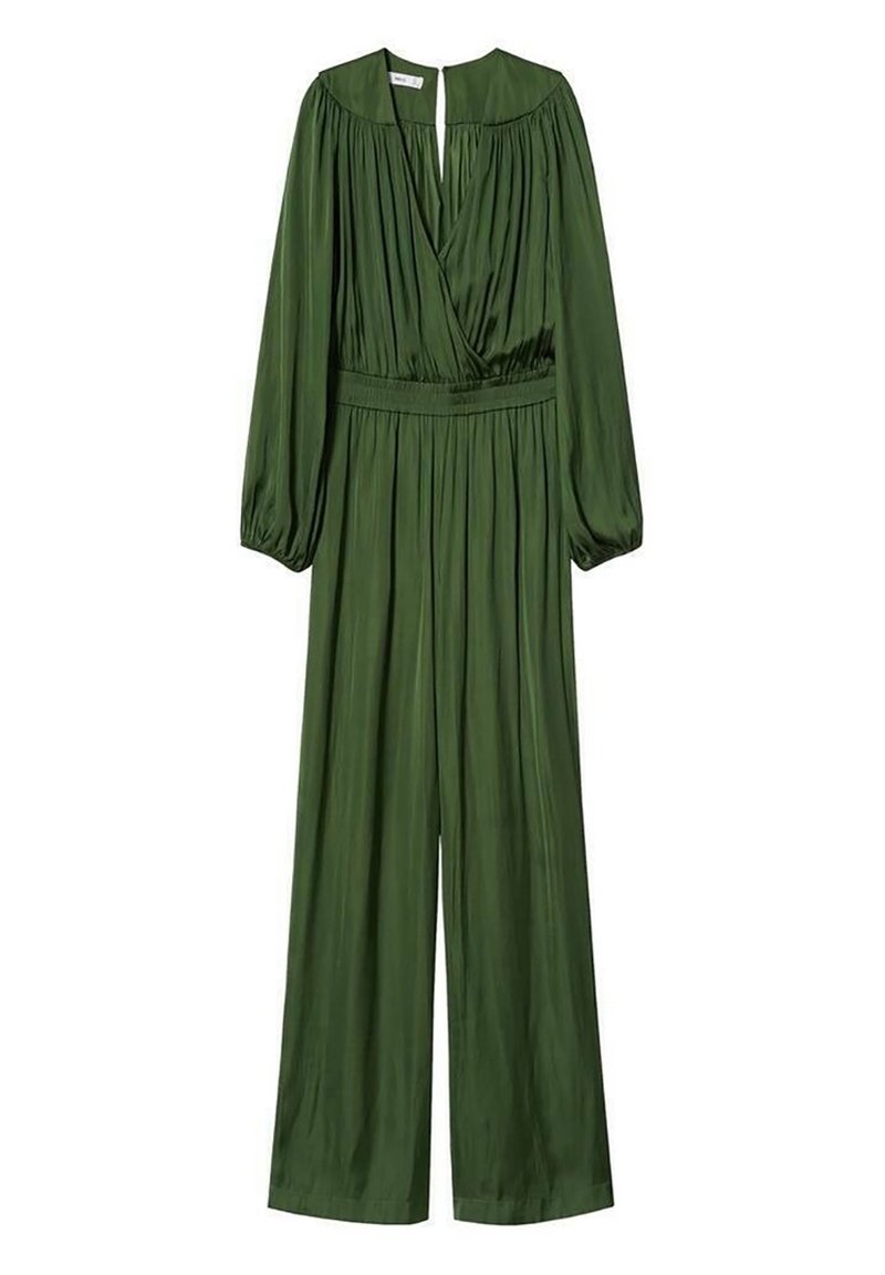 Combinaison olive verte à manches longues, corsage plissé, décolleté en V et taille élastique. Jambes évasées et texture de tissu lisse.