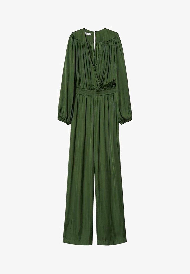 Combinaison olive verte à manches longues, corsage plissé, décolleté en V et taille élastique. Jambes évasées et texture de tissu lisse.