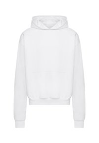 Weiße Kapuzenjacke aus weichem Material, mit einer großen Fronttasche, gerippten Bündchen und einer Kordelzugkapuze im lockeren Schnitt.