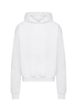Weiße Kapuzenjacke aus weichem Material, mit einer großen Fronttasche, gerippten Bündchen und einer Kordelzugkapuze im lockeren Schnitt.