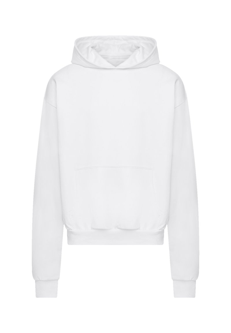 Weiße Kapuzenjacke aus weichem Material, mit einer großen Fronttasche, gerippten Bündchen und einer Kordelzugkapuze im lockeren Schnitt.