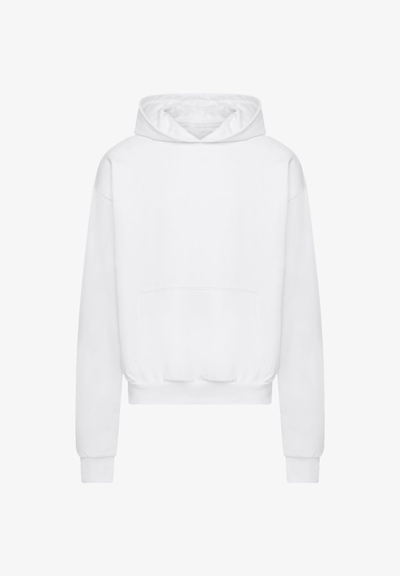 Weiße Kapuzenjacke aus weichem Material, mit einer großen Fronttasche, gerippten Bündchen und einer Kordelzugkapuze im lockeren Schnitt.