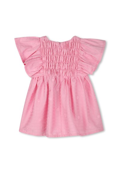 Pink cotton dress featuring short, flared sleeves, a smocked bodice, and intricate floral patterns, with a flowing skirt design.