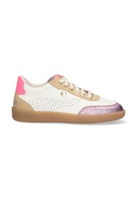 White leather sneaker with pink accents, perforated design on the sides, textured gold and pink sections, and a rubber gum sole.