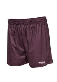 Mörkröda sportshorts i slät tyg med elastisk midja och dragsko, med en vit logotyp på nedre högra sidan.