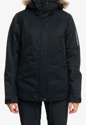 Czarna ocieplana zimowa kurtka z kapturem obszytym futerkiem, z przodu zapięcie na zamek, zapinane na zamek boczne kieszenie oraz regulowane paski na nadgarstkach.