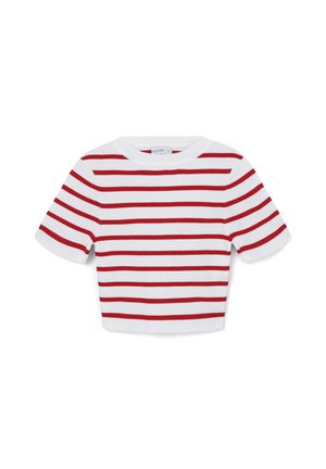 T-shirt bianca corta con righe orizzontali rosse, con maniche corte e scollatura rotonda, realizzata in un morbido tessuto testurizzato.