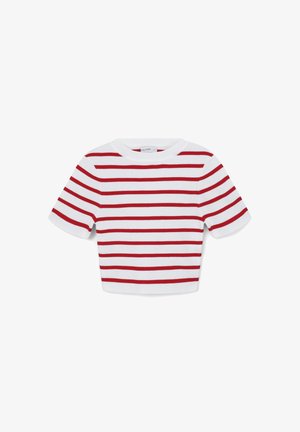T-shirt bianca corta con righe orizzontali rosse, con maniche corte e scollatura rotonda, realizzata in un morbido tessuto testurizzato.