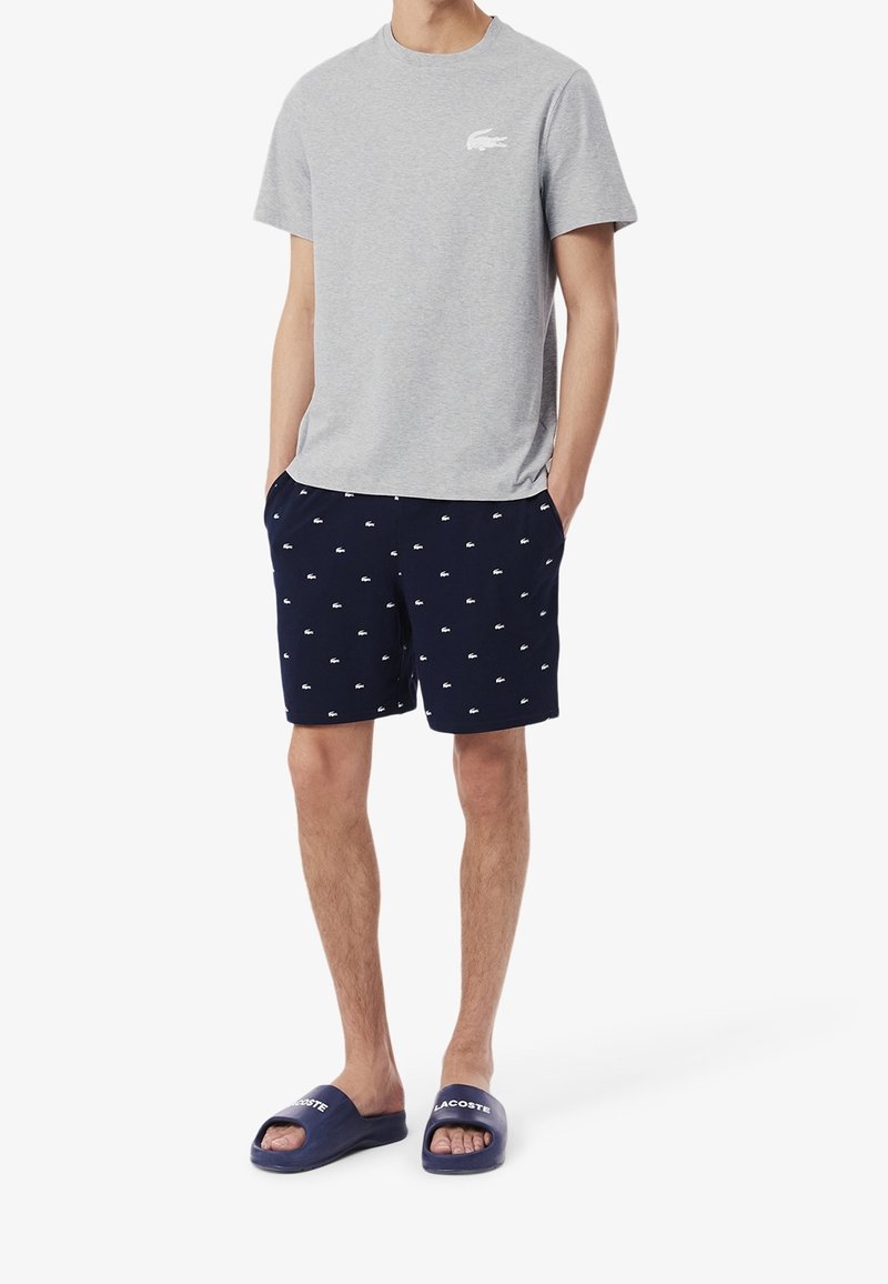 Homme portant un t-shirt gris à manches courtes, un short bleu marine avec des logos blancs et des sandales slides bleu marine avec texte blanc, debout les mains dans les poches.