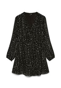 Μαύρο φόρεμα με μακριά μανίκια και σχέδιο τύπου wrap, με λευκό ακανόνιστο πουά, ντεκολτέ σε σχήμα V και ελαφρώς φουσκωτή φούστα.