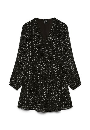 Melnas garām piedurknēm aptinamās kleitas ar baltu neregulāru punktu rakstu, V-veida izgriezumu un nedaudz izplestu svārku.