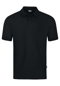 Polo shirt nera con colletto, maniche corte e tre bottoni. Realizzata in tessuto liscio con un'etichetta sul lato. Design semplice.