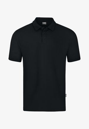Polo noir avec un col, des manches courtes et trois boutons. Fabriqué en tissu lisse avec une étiquette sur le côté. Design simple.