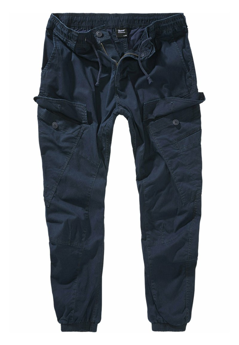 Pantalones cargo de color navy fabricados en tejido de algodón, con una banda elástica en la cintura, múltiples bolsillos laterales y puños elásticos en los tobillos.