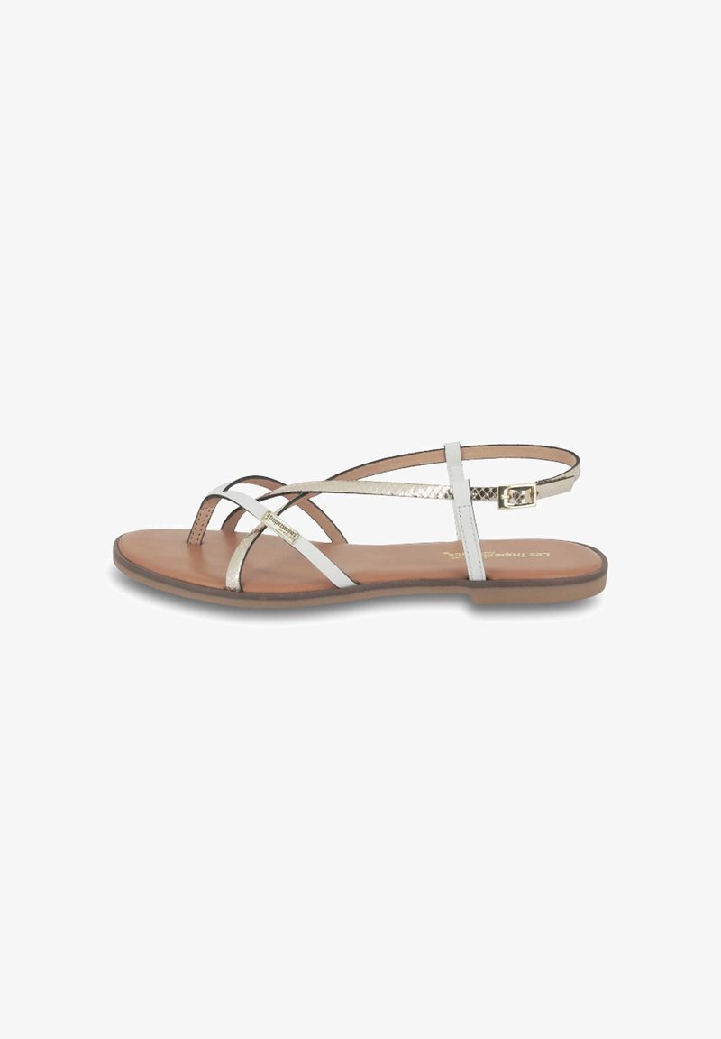 Platte sandalen met een lichtbruine zool, witte en metallic banden en een gespsluiting. De banden hebben een kruisontwerp voor een minimalistische uitstraling.