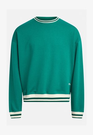 Teal värvi dressipluus ribitud ümmarguse kaelusega. Toode on kaunistatud kontrastsete valgete ja roheliste triipudega kaeluse ja äärte ümber. Pehme materjal.