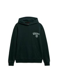 Sudadera con capucha negra, con bolsillo frontal y logo blanco de "Superdry" junto a caracteres japoneses en el pecho izquierdo.