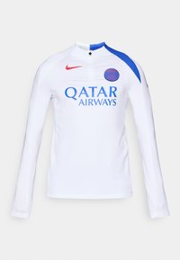 Long-sleeve white jersey with blue shoulder accents. Features red Nike logo and blue "Qatar Airways" text, along with round emblem on the chest.