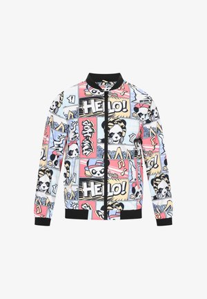 Veste avec col et poignets noirs ornés d’illustrations colorées de pandas dessin animé, de notes de musique et de texte en gras "HELLO!" dans un style bande dessinée.